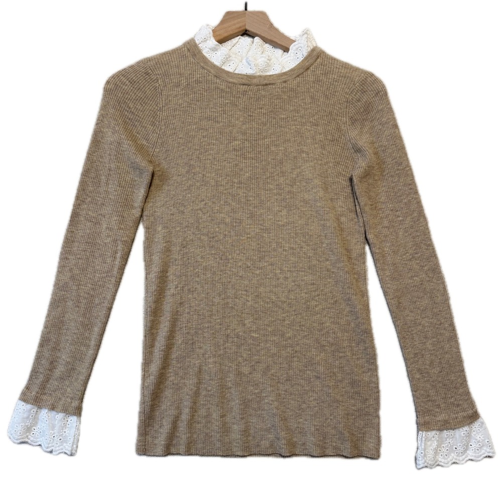 TUCKERNUCK Top Women's S Rosemary Eyelet Tan Ribbed Wool Blend Layered Look